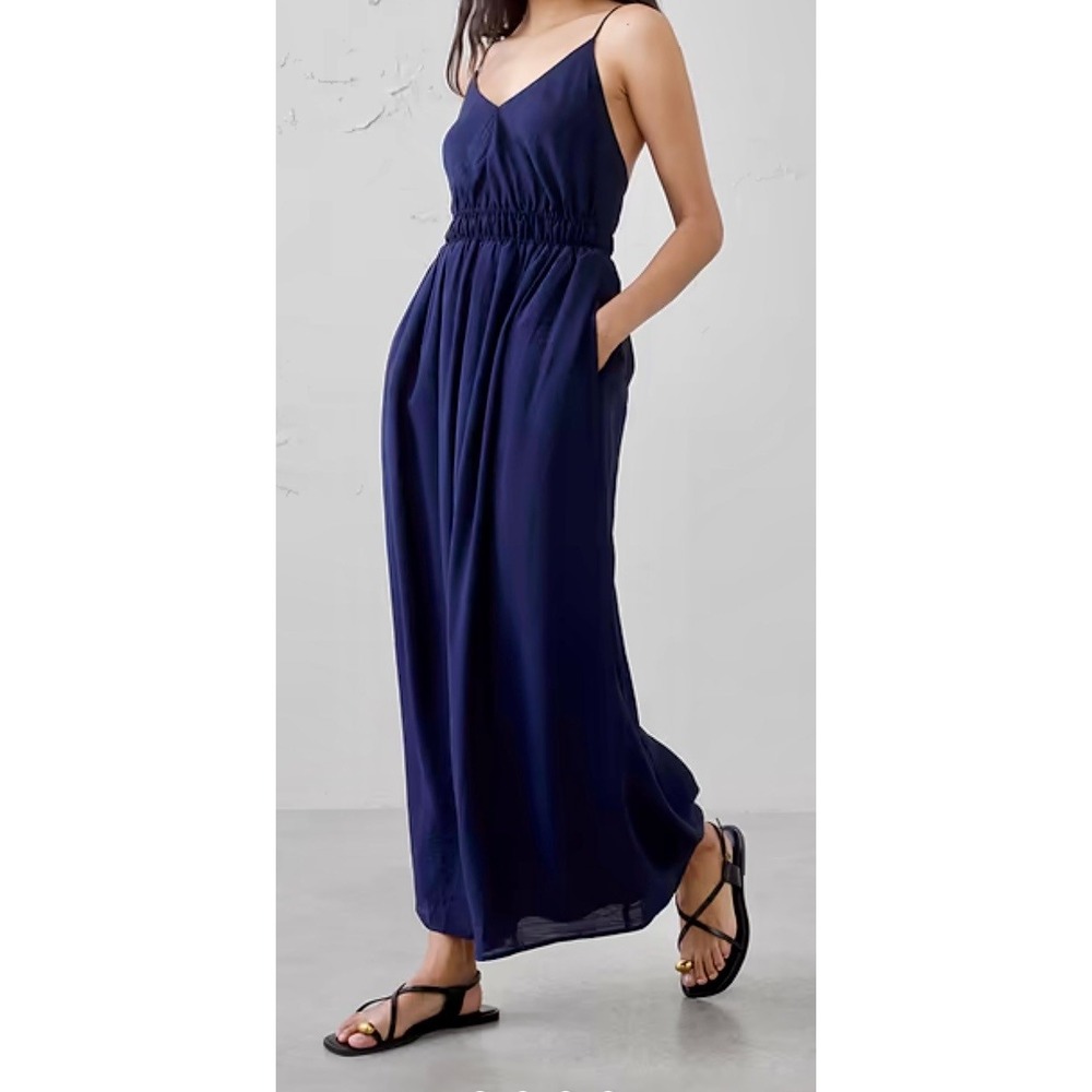 NWT Banana Republic Maxi Dress Navy M Open Back Fall Wedding Guest